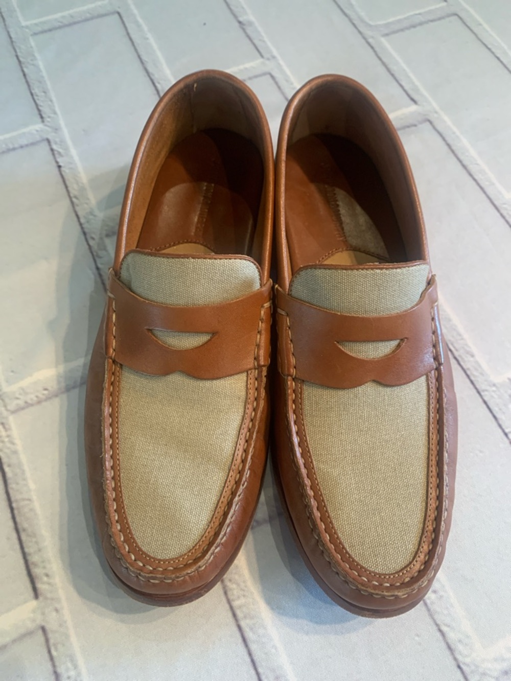 Johnston & Murphy Brown Leather and Beige Canvas Penny Loafers